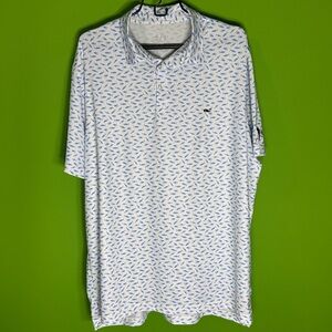 Men's White and Blue Patterned Polo Shirt